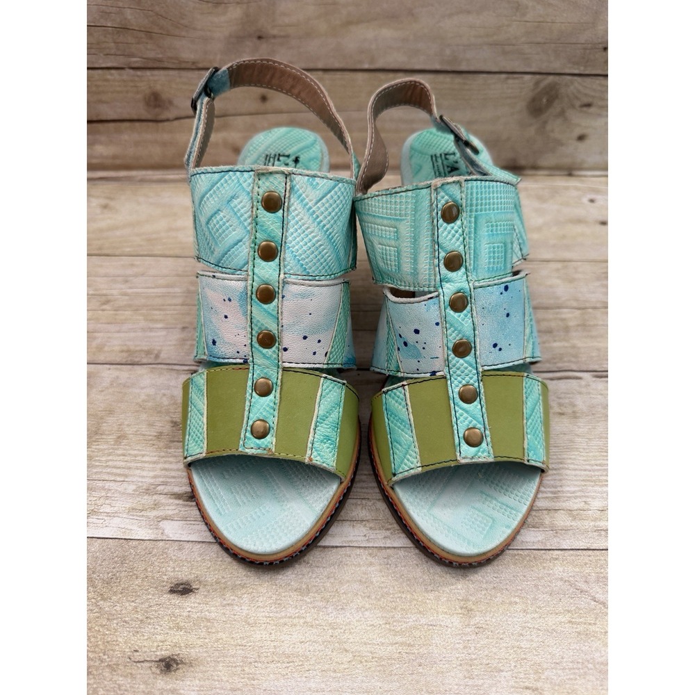 L'artiste Spring Step Brisk Sandal Heels Blue Green‎ Leather Shoes EU37
